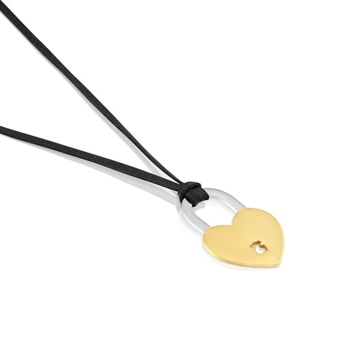 Two-tone steel heart and black cord Necklace TOUS Charming