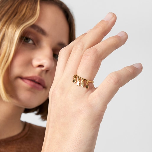 Anillo con baño de oro 18 kt sobre plata motivos oso, corazón y estrella Cool Joy