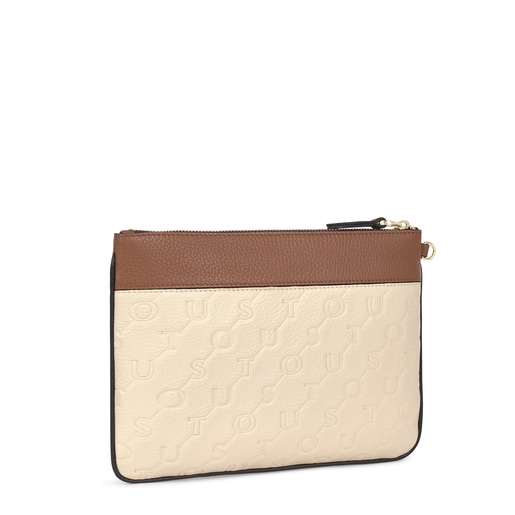 Beige and brown Leather T Script Clutch bag