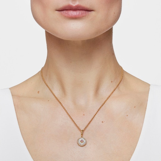 Medallion Pendant with 18kt gold plating over silver, nacre and gemstones Medallions