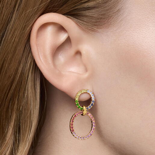 18kt gold-plated silver Double circle earrings with gemstones TOUS Straight