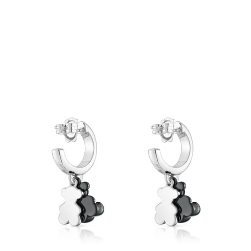 Aretes aro de plata con cerámica negra y doble oso Bold Bear