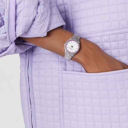 שעון אנלוגי Mini T-Bear עם רצועת פלדה ומסגרת פנימית מאלומיניום סגול