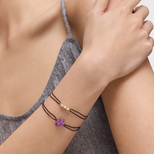 Gold Bracelet with amethyst and black nylon Daisy