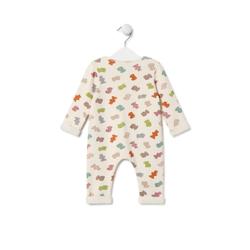 Baby playsuit with multicoloured bears in ecru