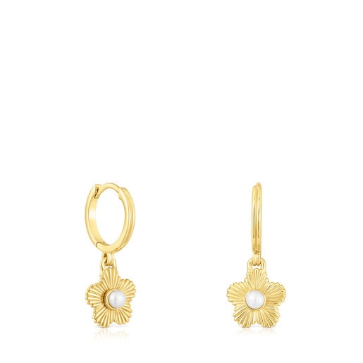 Boucles d'oreilles anneaux en argent vermeil fleur avec perle de culture Iris Motif