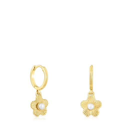 Pendientes aro con baño de oro 18 kt sobre plata y flor con perla cultivada Iris Motif