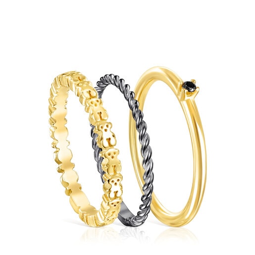 Tous Ring Mix – Sada tří prstenů z tmavého stříbra a žlutého stříbra Vermeil se spinelem
