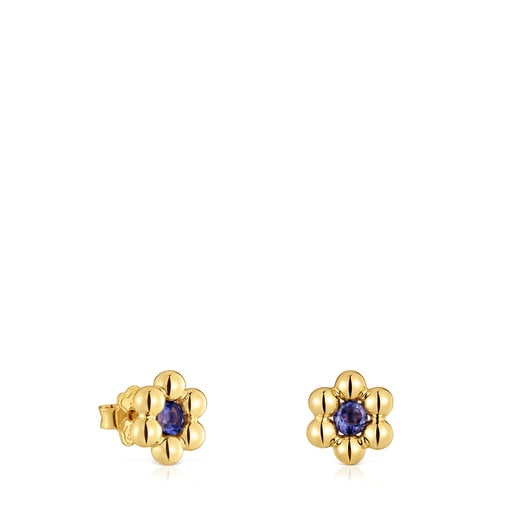 Sugar Party short flower Earrings with 18kt gold plating over silver and iolite