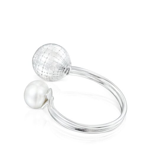 Silver St. Tropez Disco bear ball Open ring with cultured pearl