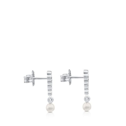 Pendientes Straight Plata Osos en Barra con Perla