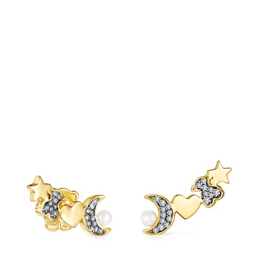 Aretes Nocturne con baño de oro 18 kt sobre plata, Diamantes y Perla