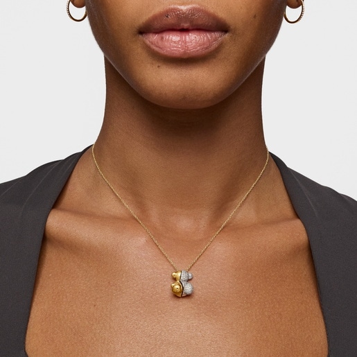 Collar corto doble oso de oro y oro blanco con diamantes Bold Bear