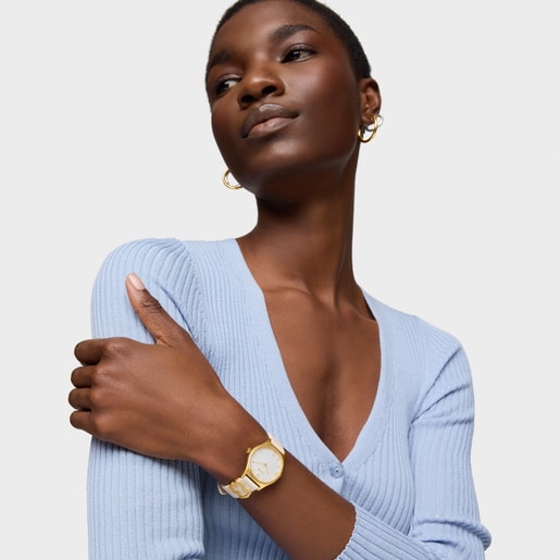 Analog watch with white leather bracelet, gold-colored steel and mother-of-pearl face Epic Icon