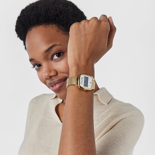 Reloj digital D-Logo de acero IP dorado