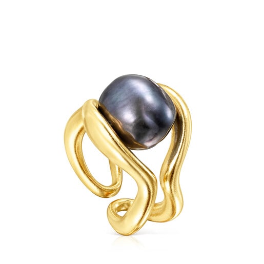 Dvojitý prsten TOUS Hav ze žlutého stříbra Vermeil se šedou perlou