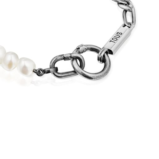 Silver curb chain Bracelet with cultured pearls Hold Man