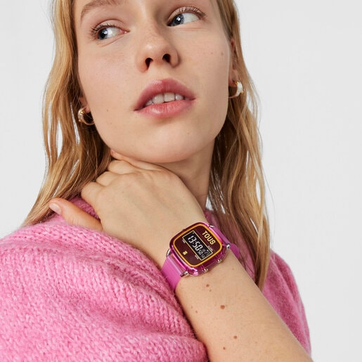 Fuchsia polycarbonate Digital watch with silicone strap D-Logo Fresh | TOUS