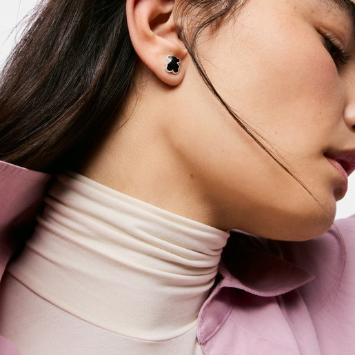 Aretes oso de plata y ónix 10 mm Icon Color