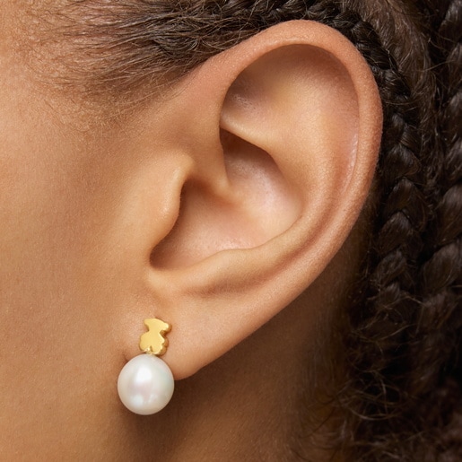 Gold bear-motif Earrings with cultured pearl Sweet Dolls