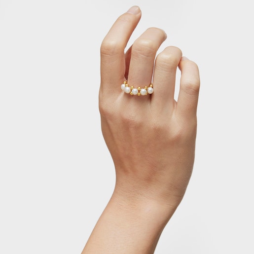 Medium Ring with 18kt gold plating over silver and cultured pearls Gloss