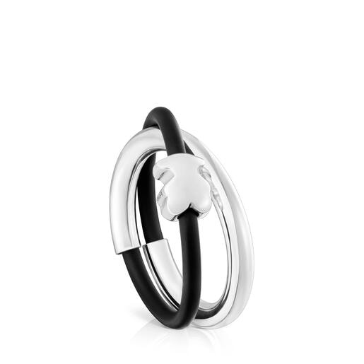 Anillo doble oso de plata y caucho Bold Motif