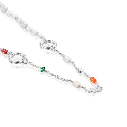 Long silver Oceaan Hold Necklace with pearls and multicolored glass