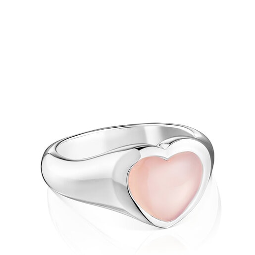 טבעת חותם מכסף בשילוב אבן קלצדוני ורודה בצורת לב מסדרת Bold Motif