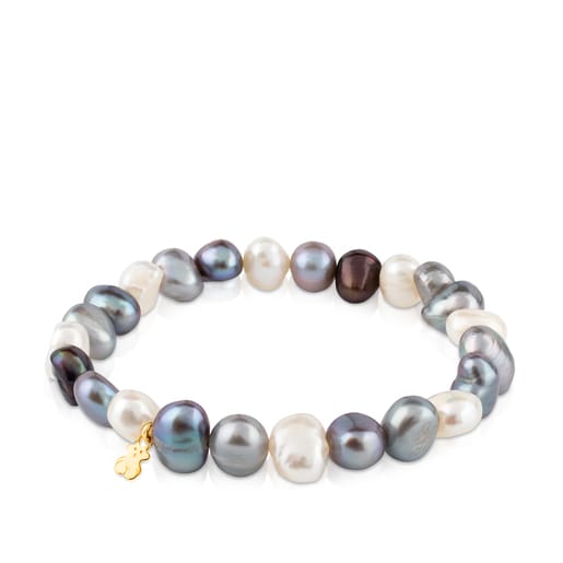 Gold Bracelet with white, grey and blue baroque pearls and Bear motif Sweet  Dolls | TOUS