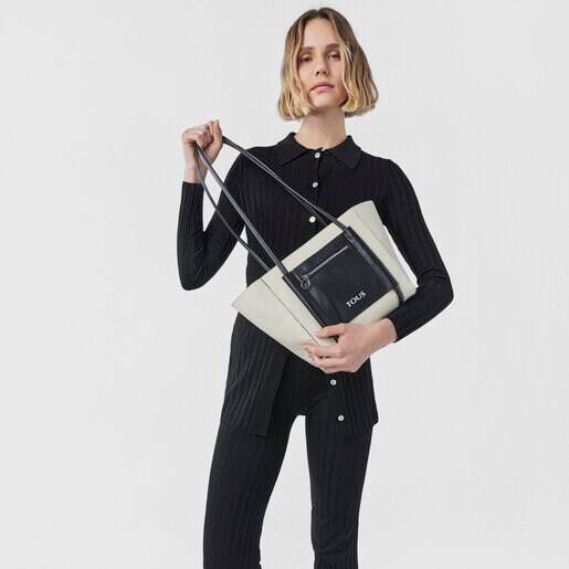 תיק קניות TOUS Empire בינוני מעור בצבעי בז' ושחור