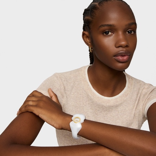 ساعة تناظرية ذهبية اللون من الصُلب ذات سوار باللون الأبيض من تشكيلة L Bear Folks