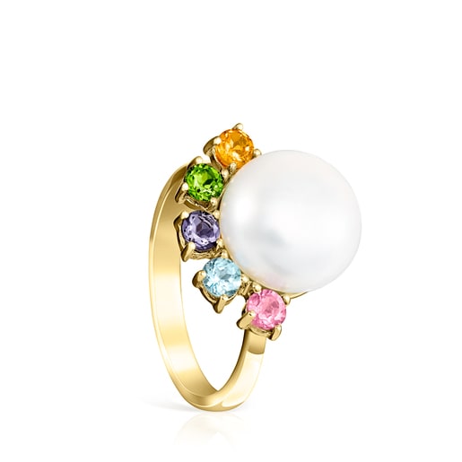 Кольцо Real Sisy из Золота с Жемчугом большого размера и Драгоценными камнями