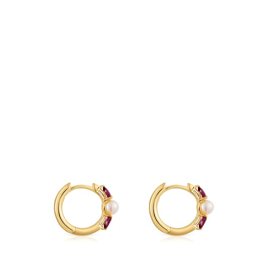 Gold Hoop earrings with rhodolites and cultured pearl Ivette