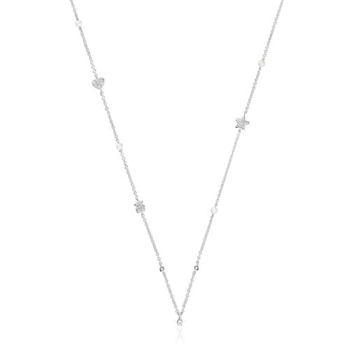 Krátky Náhrdelník z bieleho zlata s diamantmi, kultivovanými perlami a motívmi TOUS Grain