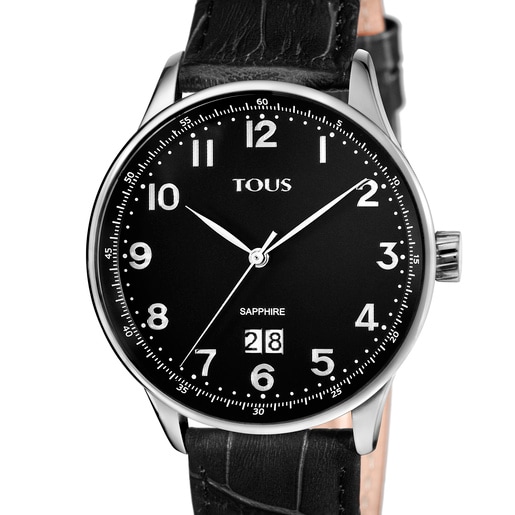 Steel Porto II Watch with black Leather strap