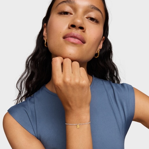 Pulsera elástica con labradorita gris y oso con baño de oro 18 kt sobre plata TOUS Motivos