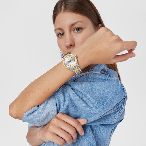 Reloj analógico Tender Bear de acero IP bicolor dorado con relieve de osos