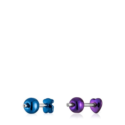Pack de piercings de oreja de acero IP morado y azul Bickie