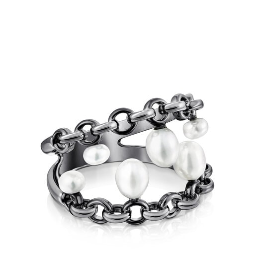 Dark silver Virtual Garden Ring with cultured pearls | TOUS