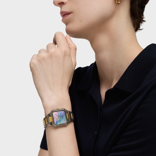 Reloj analógico con brazalete de acero negro, dorado y esfera de nácar gris Karat