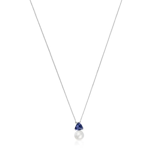 Short white gold Necklace with iolite and cultured pearl Ivette