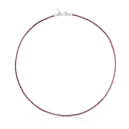 Pink and red braided thread Necklace with silver clasp Efecttous