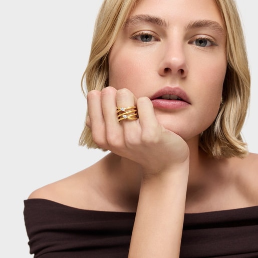 Anillo ancho con baño de oro 18 kt sobre plata y diamantes creados en laboratorio Lio LGD