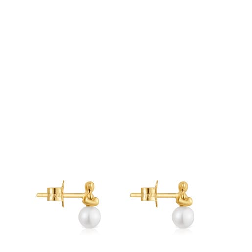 Bold Bear gold Earrings with cultured pearl and bear charm