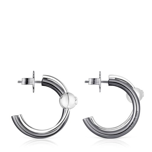 Silver and dark silver Plump Double hoop earrings