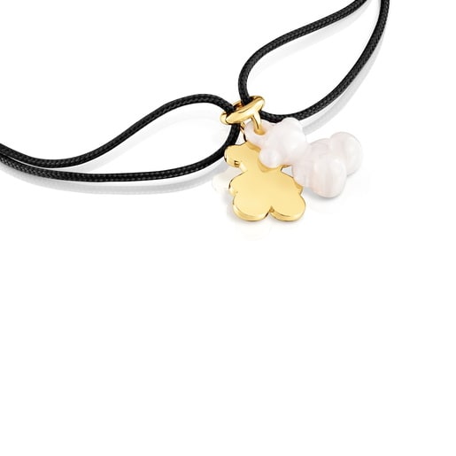 Pulsera doble oso con baño de oro 18 kt sobre plata, cerámica blanca y nylon negro Bold Bear