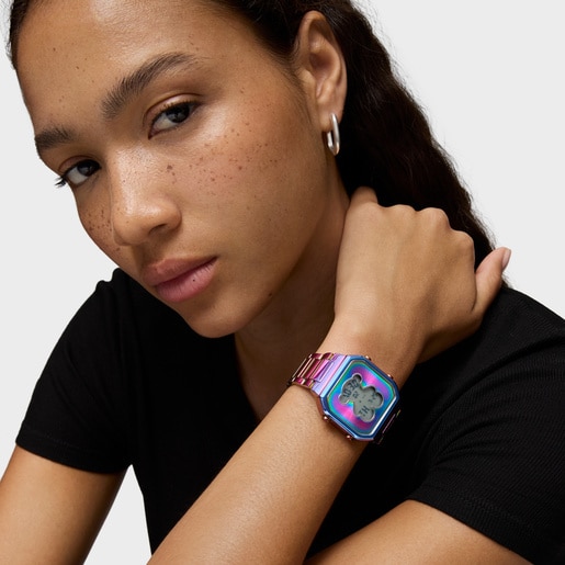 Digital Watch with iridescent IP steel bracelet D-BEAR