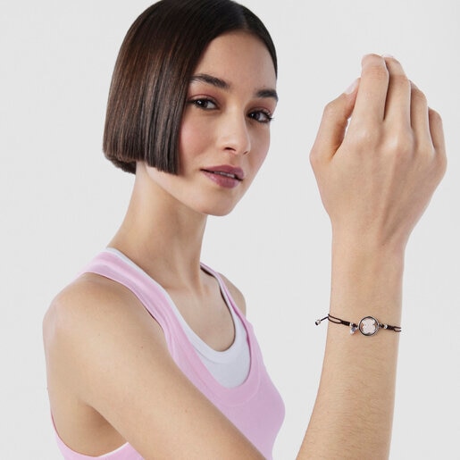 Pulsera de plata, gemas y cordón en color marrón Camille