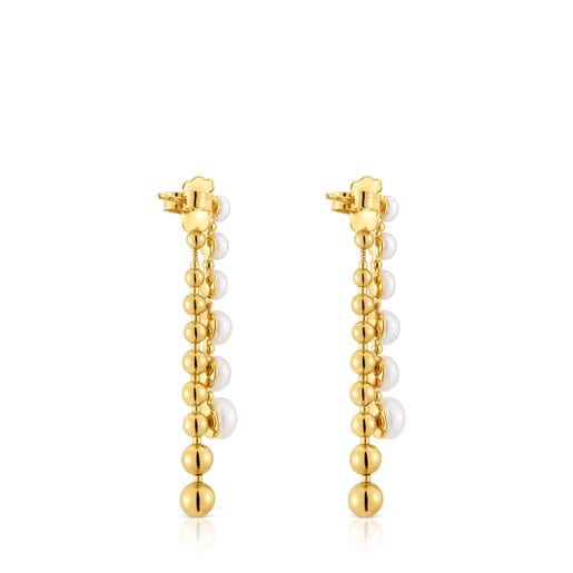 Long double Earrings with 18kt gold plating over silver and cultured pearls Gloss