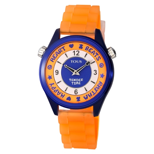Stalowy zegarek TOUS Tender Time z pomarańczowym silikonowym paskiem i niebieską tarczą